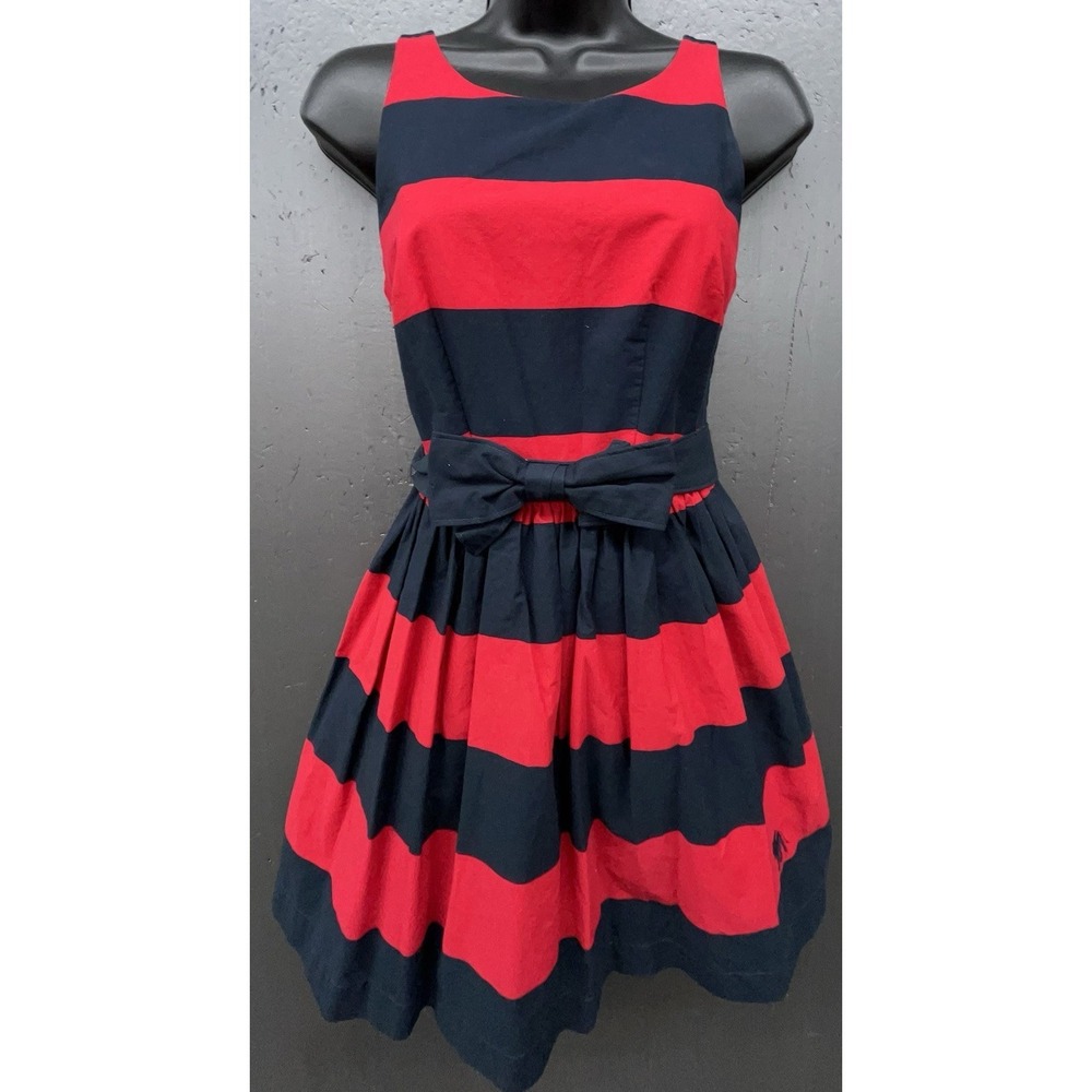 Abercrombie Fitch Skater Dress Sz 0 Red Blue Stripe Bow Cotton Preppy July 4 NEW